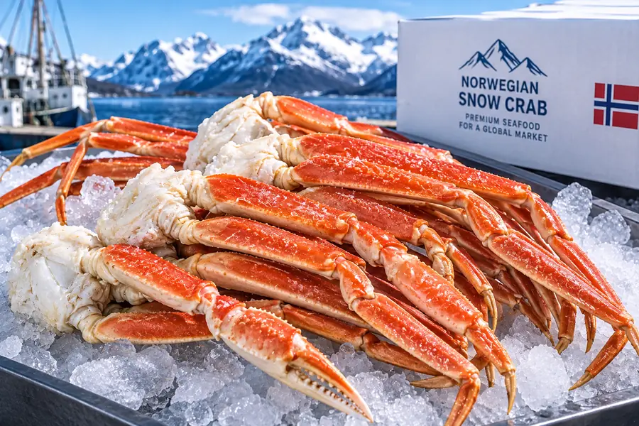 Norwegian snow crab clusters on ice for wholesale seafood buyers