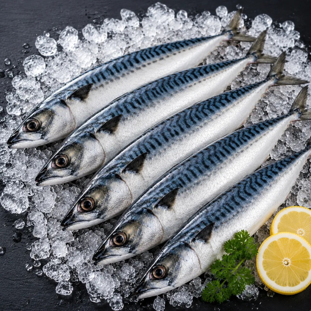 Frozen Atlantic mackerel prepared for wholesale seafood supply and international export distribution