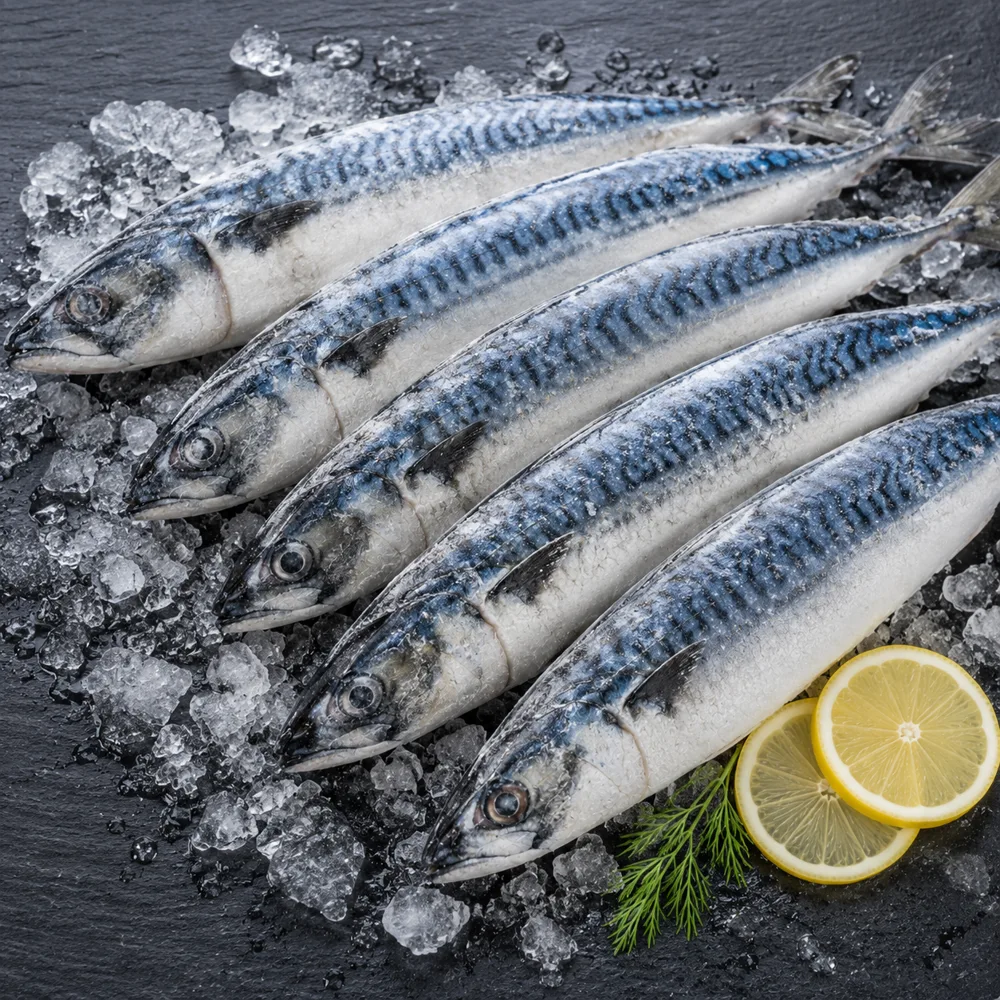 Frozen Atlantic mackerel displayed on ice for wholesale seafood export and distribution
